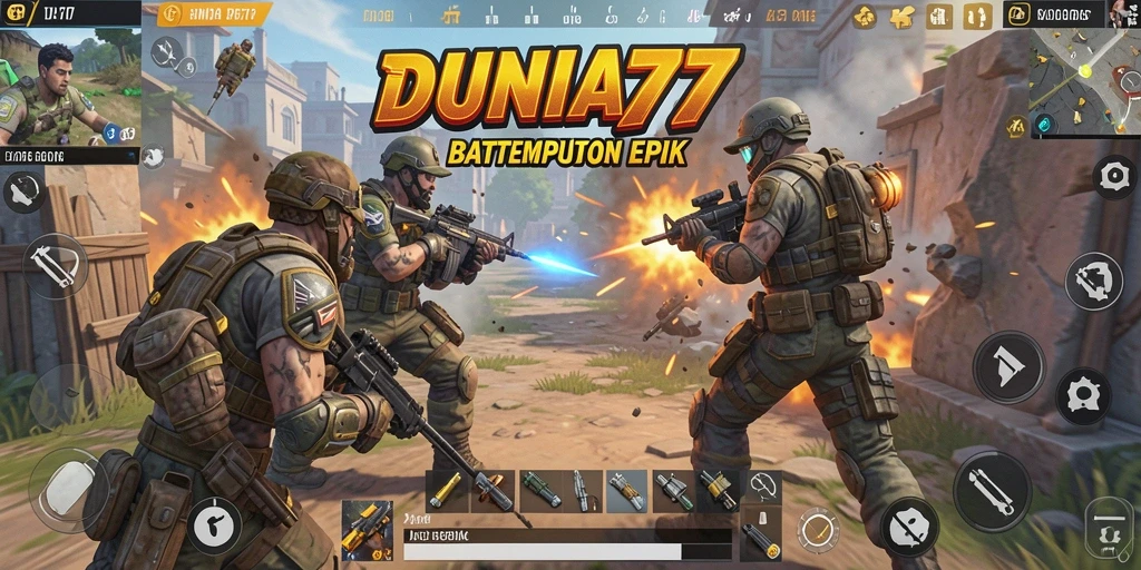 Screenshot utama DUNIA77 menampilkan pertempuran intens di arena Battle Royale.
