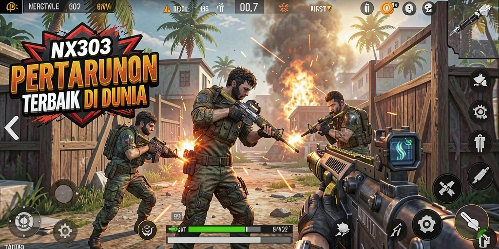 Screenshot utama NX303 menampilkan gameplay Battle Royale yang intens.