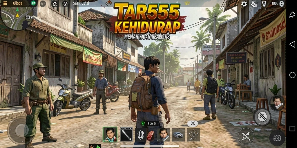 Screenshot gameplay TAR555 menampilkan karakter yang berinteraksi di lingkungan yang hidup dan dinamis.